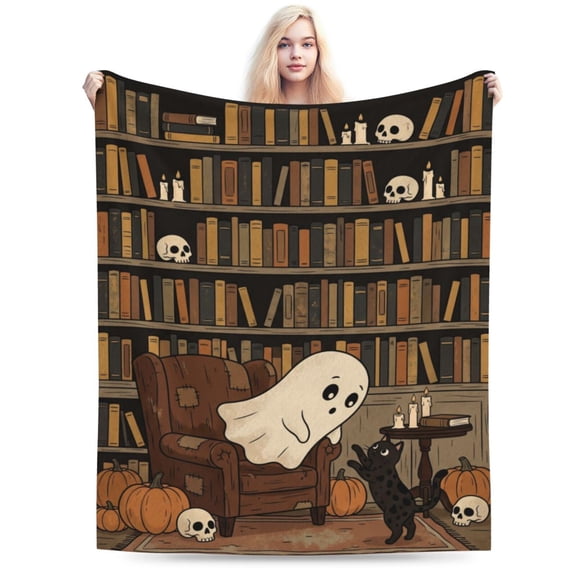 Halloween Throw Blanket, Ghost Pumpkin Spooky Reading Pattern, Horror Bookish Decor, Soft Plush Flannel Blanket for Sofa Couch Bed 50x40
