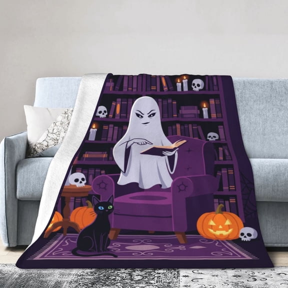Halloween Throw Blanket, Ghost Pumpkin Spooky Reading Pattern, Horror Bookish Decor, Soft Plush Flannel Blanket for Sofa Couch Bed 50x40