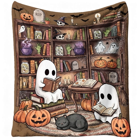 Halloween Throw Blanket - Ghost Reading Blanket for Book Lovers Spooky Pumpkin Soft Flannel Throw Blanket for Bed Couch Sofa Living Room Travel
