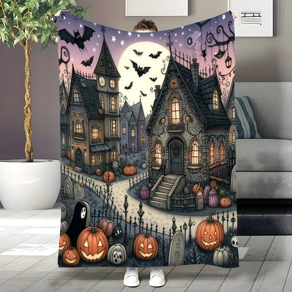 Halloween Throw Blanket Gothic Blanket Autumn Throw Blanket Thanksgiving Blanket Soft Flannel Haunted House Cover for Sofa Couch Bed Living Room Seasonal Holiday Festival Decor Gift 59.1*39.3in