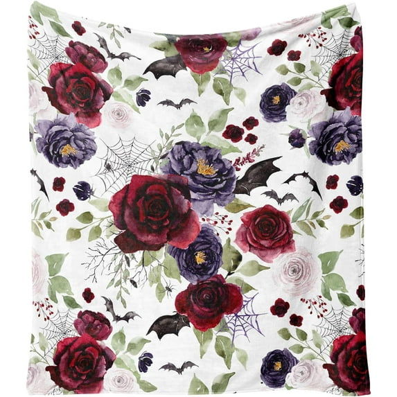 Halloween Throw Blanket,Gothic Floral Botanical Webs Spiders Bats Flower Fleece Blankets,Goth Spooky Gifts for Women Flannel Throw Blanket for Home Living Room Couch Bed Chair or Dorm Decor 60"x50"