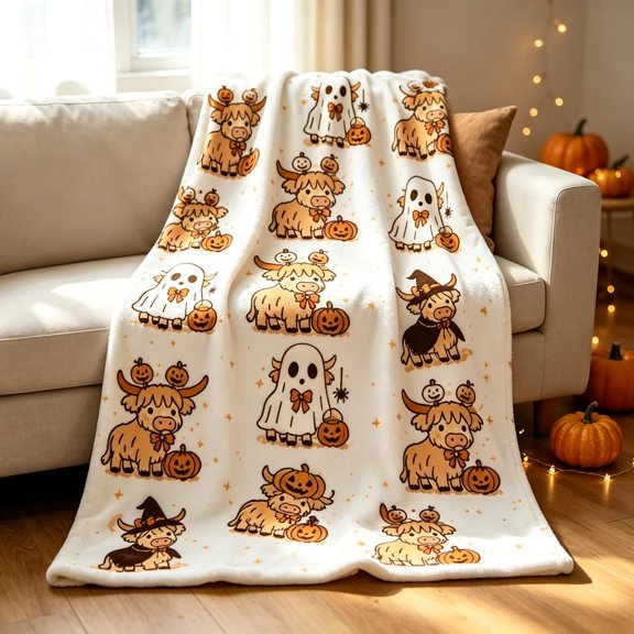 Halloween Throw Blanket, Highland Cow Pumpkin Spooky Ghost Cozy Lightweight Flannel Cute Halloween Decorations Indoor, Blanket for Couch Sofa Bed Home Decor