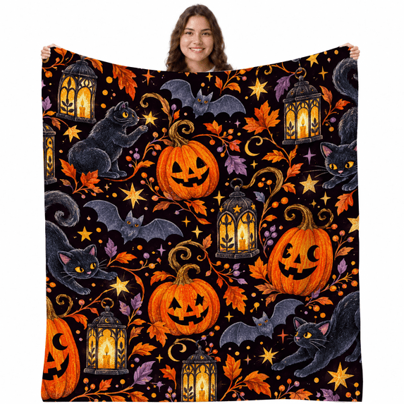 Halloween Throw Blanket Jack O Lantern Black Cat Bat Lantern Pattern ...
