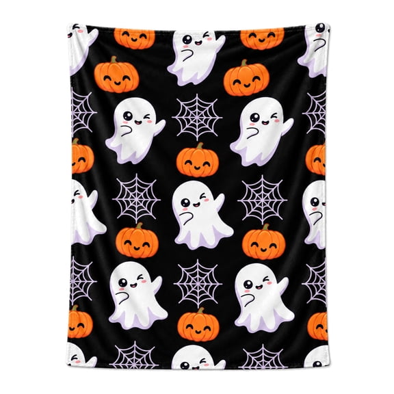 Halloween Throw Blanket: Jack O Lantern Pumpkins White Ghosts and Spiderwebs on Soft Black Velvet for Sofa, Couch, Chairs and Bed 50x40