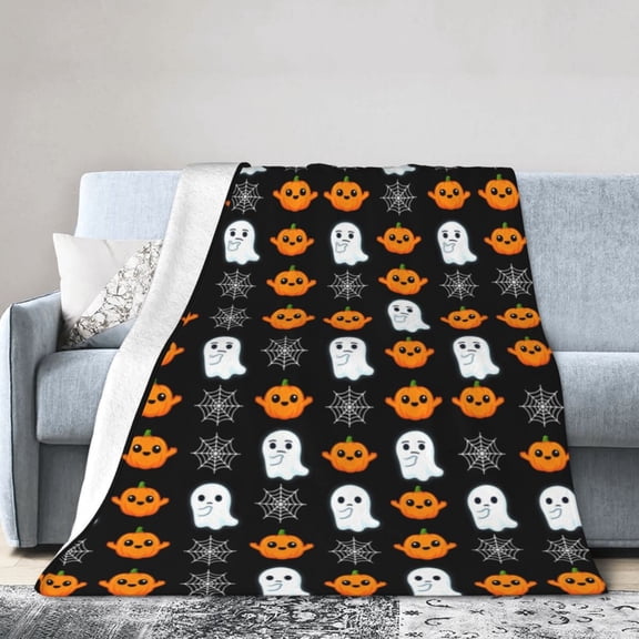 Halloween Throw Blanket: Jack O Lantern Pumpkins White Ghosts and Spiderwebs on Soft Black Velvet for Sofa, Couch, Chairs and Bed 50x40