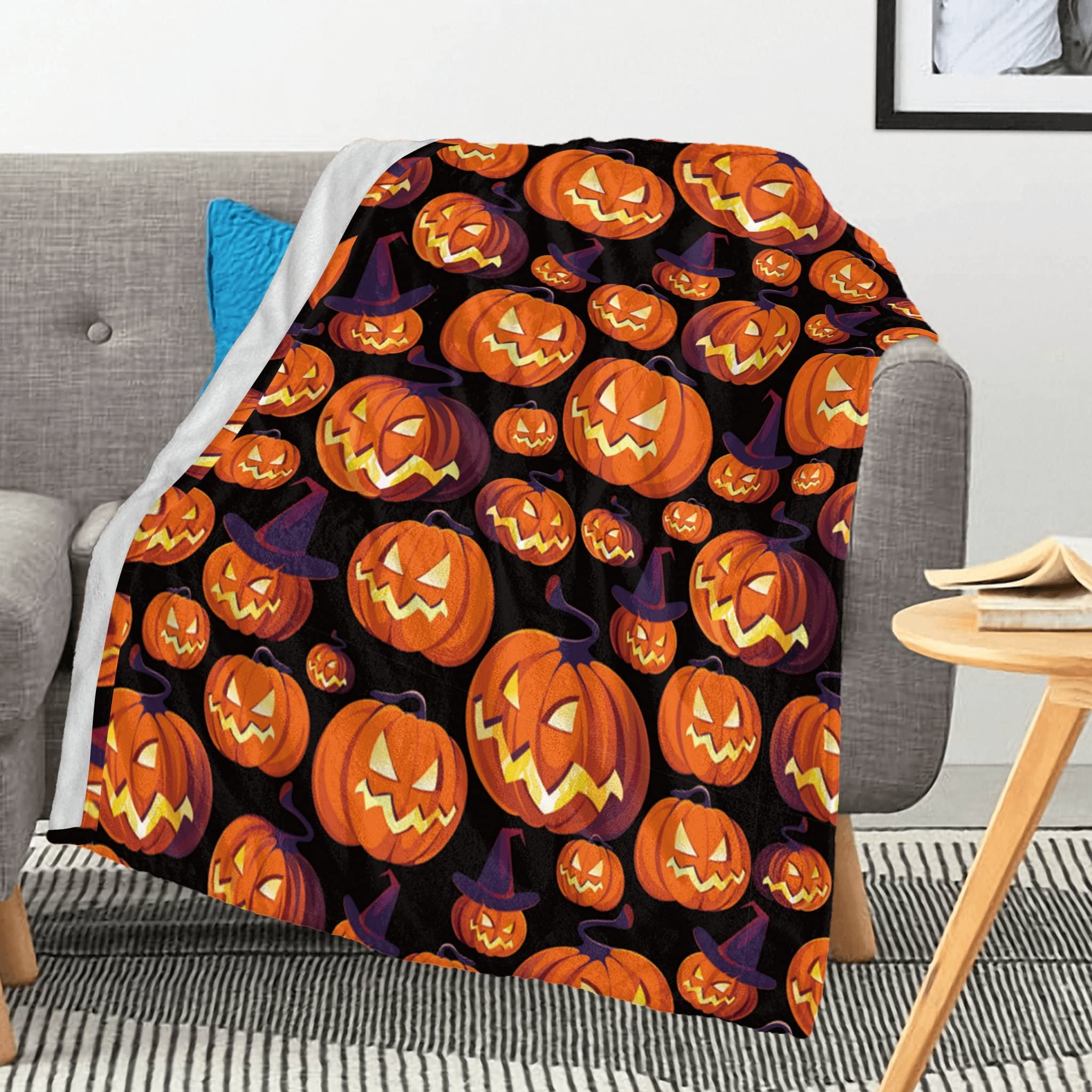 Halloween Throw Blanket Lantern Pumpkins with Candy Corn for Sofa Bed