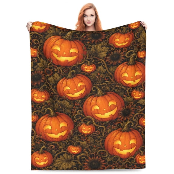 Halloween Throw Blanket | Orange Pumpkin Fall Blanket | Soft, Plush, Warm Black Fall Cabin Throw, (Pumpkin Halloween) 50x40