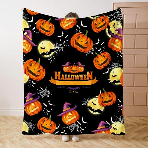 Halloween Throw Blanket Orange Pumpkin Throw Blanket Black Spooky bat Throw Blanket Outdoor Decorative Print Blanket for Couch Sofa Bed Soft Lightweight Fuzzy Plush Fleece Blankets 40x50