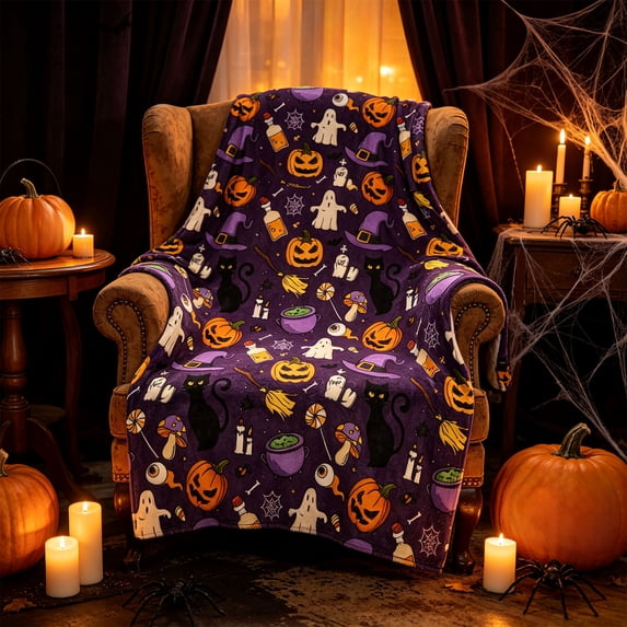 Halloween Throw Blanket, Orange Pumpkins Black Cat Blanket, Halloween Decorations Gifts for All Ages, Spooky Gifts for Women, Boo Basket Stuffers for Kids, 39 x 59 Inch