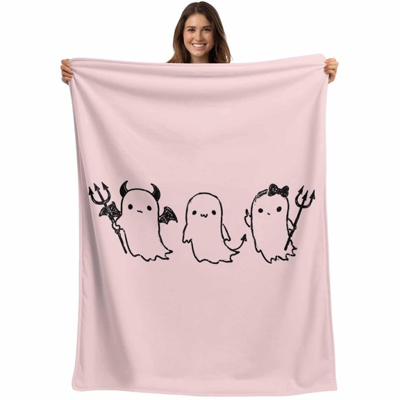 Halloween Throw Blanket Pink Cute Spooky Blankets and Throws, Tiny Devil Horns Ghost Blanket for Couch Bed Sofa Chair, Soft Cozy Warm Flannel Fleece Blankets for All Season Home Decor 30x40 Inch
