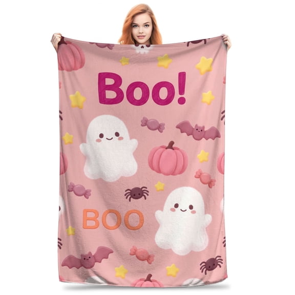 Halloween Throw Blanket, Pink Ghost Boo Design Blanket, Cute Spooky Halloween Decor Accent, Soft Cozy Blanket for Couch Chair Bed 50x40