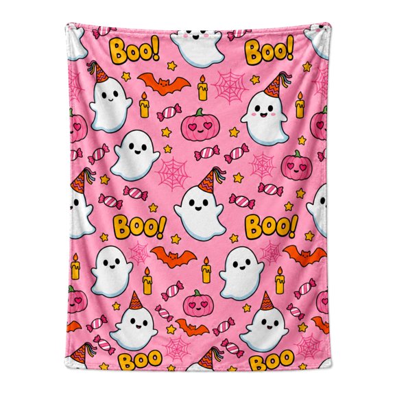 Halloween Throw Blanket, Pink Ghost Boo Throw Blanket, Cute Halloween Flannel Blanket, Soft Warm Cozy Throw for Sofa , Spooky Season Home Decor 50x40