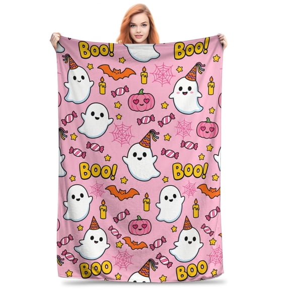 Ghost Blanket, Pink Boo Party Hat Pumpkin Bat Candy Print, Cozy Flannel Throw for Women, Cute Halloween Gift 50x40