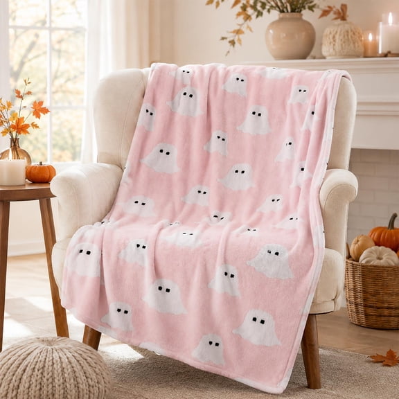 Halloween Throw Blanket, Pink Ghost Fleece Flannel Halloween Blanket 28"x40" Cute Pink Halloween Room Decor, Fluffy 3D Spooky Halloween Blanket for Sofa & Bed