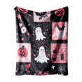 thumbnail image 1 of Halloween Throw Blanket with Pink Plaid Fleece Design Featuring Bat and Pumpkin Print, Cozy Fall Throw Blanket for Couch and Home Decor, Festive Halloween Decorations for Party, 1 of 5