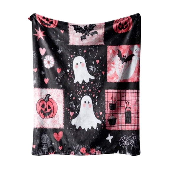 Halloween Throw Blanket with Pink Plaid Fleece Design Featuring Bat and Pumpkin Print, Cozy Fall Throw Blanket for Couch and Home Decor, Festive Halloween Decorations for Party