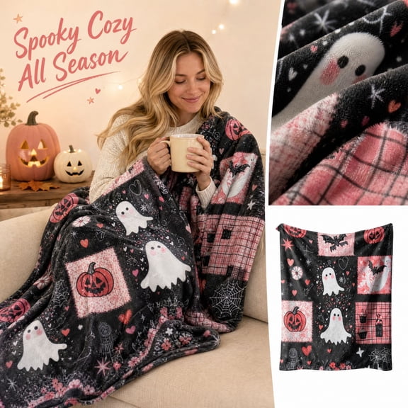 Halloween Throw Blanket with Pink Pumpkin Ghost Flannel Design, Soft Fleece Throw Blanket for Couch Bed Chair, Cozy Pink Halloween Blanket Gift 1 Pack