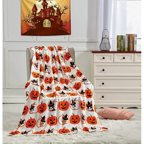 Halloween Throw Blanket Printed Soft Plush Fun Print Sofa Couch Cover Home Decor 50" x 60" - Pumpkins & Cats