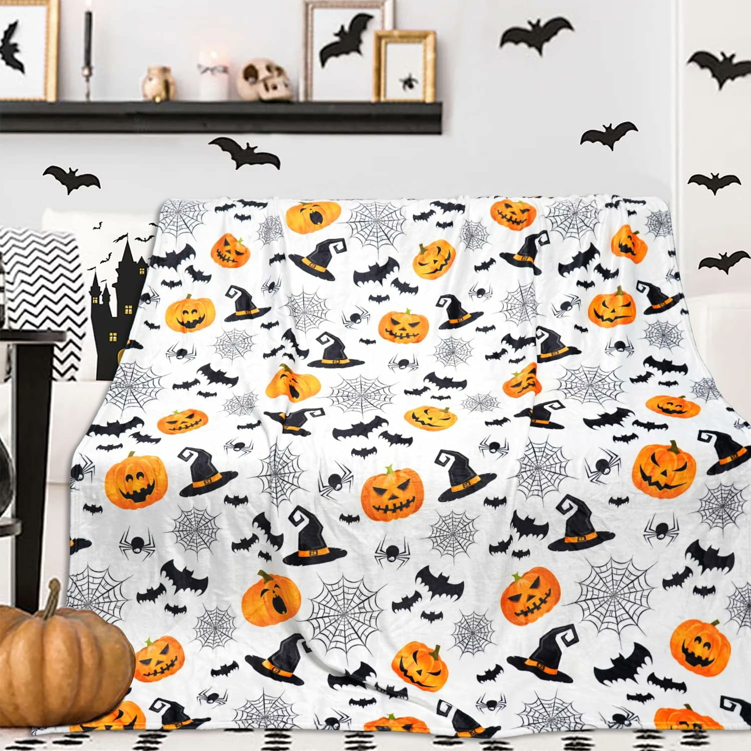 Halloween Throw Blanket Pumpkin Bat Halloween Spooky Lightweight Cozy 