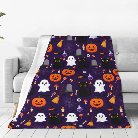 Halloween Throw Blanket, Pumpkin Black Cat Spooky Design, Soft Cozy Flannel Throw, Halloween Decoration Gift, Sofa Couch Bed Home Decor 50x40