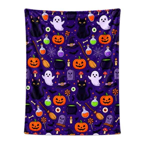 Halloween Throw Blanket, Pumpkin Black Cat Spooky Design, Soft Cozy Flannel Throw, Halloween Decoration Gift, Sofa Couch Bed Home Decor 50x40