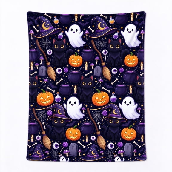 Halloween Throw Blanket, Pumpkin Black Cat Spooky Design, Soft Cozy Flannel Throw, Halloween Decoration Gift, Sofa Couch Bed Home Decor 50x40