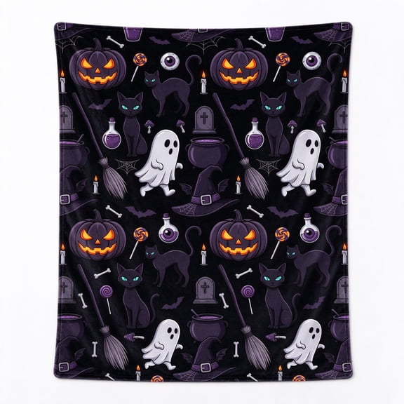 Halloween Throw Blanket, Pumpkin Black Cat Spooky Design, Soft Cozy Flannel Throw, Halloween Decoration Gift, Sofa Couch Bed Home Decor 50x40