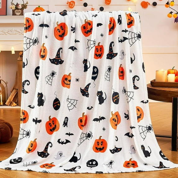 Halloween Throw Blanket Pumpkin Blanket Decorated Spider Web Print on White Super Soft Plush Blanket for Couch Bed Sofa Chair and Cozy for All Seasons 50"X60"