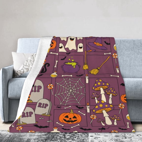 Halloween Throw Blanket, Purple Halloween Blanket with Orange Pumpkins and Black Cat Design, Spooky Season Home Decor Accent, Cozy Blanket for Sofa 50x40