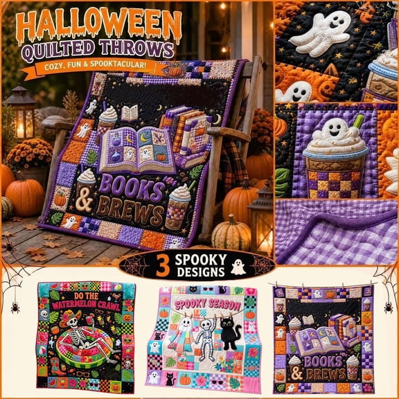 Halloween Throw Blanket Quilted 13 X 12 Inch and Brews Print Fall Home Decor for Couch Sofa Living Room Bedroom Halloween Book Decor Ghost and Pumpkin