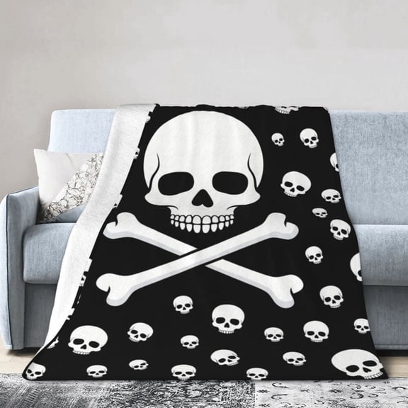 Halloween Throw Blanket, Skull & Bones Throw Blanket, Halloween Themed Soft Cozy Plush Blanket, Spooky Black Design Blanket for Couch Bed Sofa 50x40