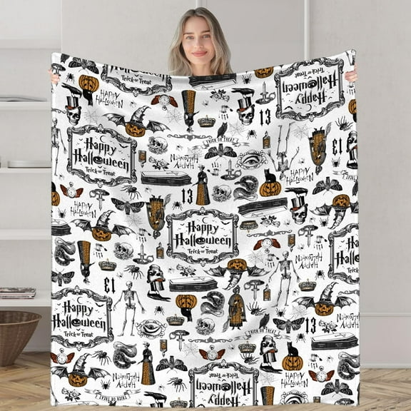 Halloween Throw Blanket Skull Pumpkin Face Throws 50"x60" Spooky Spider Webs Trick or Treat Flannel Blankets Decoration