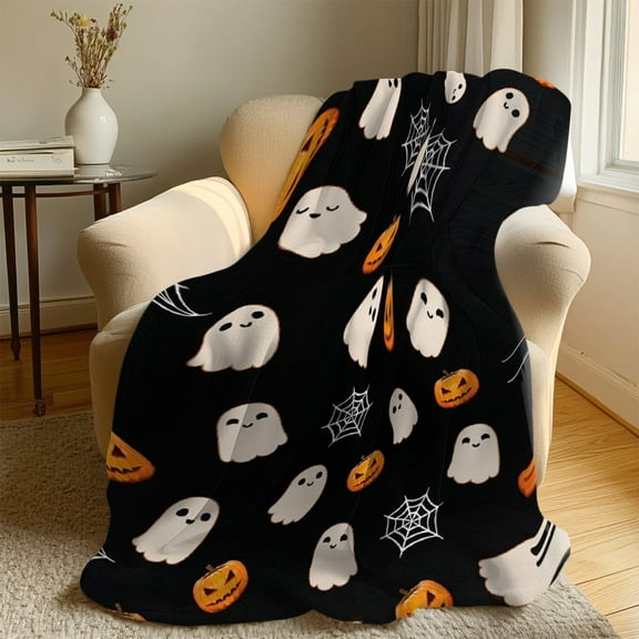 Halloween Throw Blanket Small Black Spooky Pumpkin Ghost Blanket for Bed Couch Decorative Soft Cozy Lightweight Fuzzy Plush Fleece Blankets and Throws 100*130