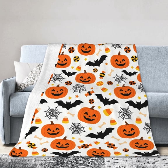 Pumpkin Blanket, Halloween Jack O Lantern Candy Corn Bat Spider Web Bone Print, Warm Flannel Couch Throw for Trick or Treat 50x40
