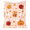 thumbnail image 1 of Halloween Throw Blanket, Soft Plush Fleece Cozy Throw Blanket, Pastel Pink Candy Jar Apple Pumpkin Ghost Blanket, Holiday Decor for Halloween Party Sofa Bed Living Room Indoor,71x79Inch, 1 of 4