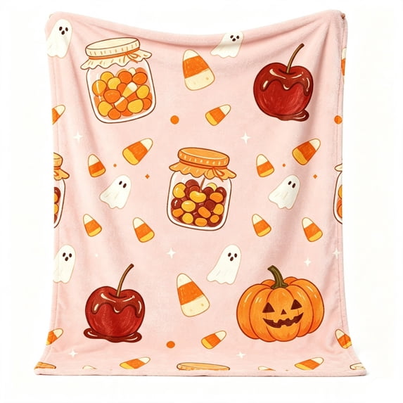 Halloween Throw Blanket, Soft Plush Fleece Cozy Throw Blanket, Pastel Pink Candy Jar Apple Pumpkin Ghost Blanket, Holiday Decor for Halloween Party Sofa Bed Living Room Indoor,71x79Inch