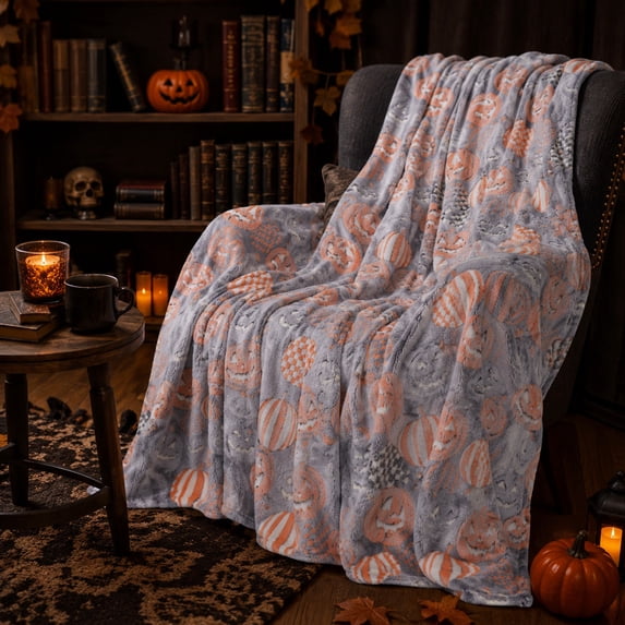 Halloween Throw Blanket - Soft Plush Grey Jack-O-Lantern Pumpkin Blanket - Cozy Flannel Halloween Decorations for Party, Sofa, Bed, Living Room, 59x79in