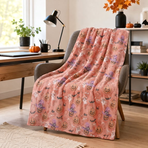 Halloween Throw Blanket - Soft Plush Orange Jack-O-Lantern Ghost Bat Spider Blanket - Cozy Flannel Halloween Decorations for Party, Sofa, Bed, Living Room, 51x59in