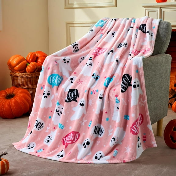 Halloween Throw Blanket - Soft Plush Pink Ghost Blanket - Cozy Flannel Decoration for Party, Sofa, Bed, Living Room