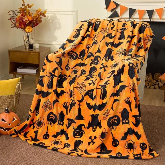 Halloween Throw Blanket - Soft Plush Spider Webs Bat Pumpkin Blanket - Cozy Flannel White Halloween Decoration for Party Sofa Bed Living Room 50"x60"