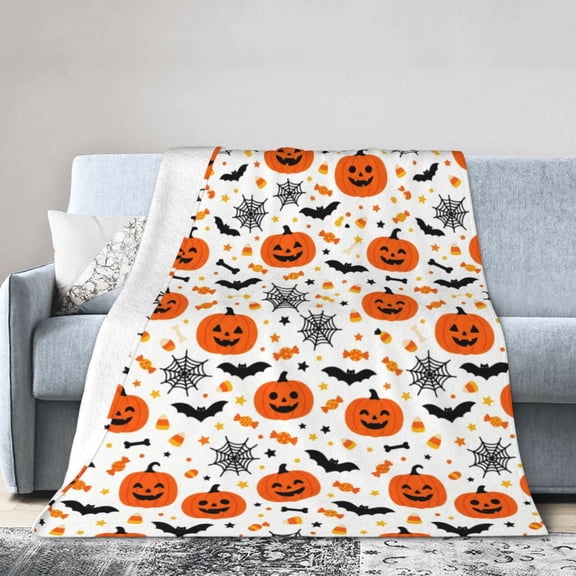Halloween Throw Blanket - Soft Plush Spider Webs Bat Pumpkin Blanket - Cozy Flannel White Halloween Decoration for Party Sofa Bed Living Room 50x40