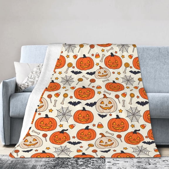 Halloween Throw Blanket - Soft Plush Spider Webs Bat Pumpkin Blanket - Cozy Flannel White Halloween Decoration for Party Sofa Bed Living Room 50x40