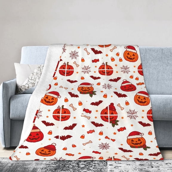 Halloween Throw Blanket - Soft Plush Spider Webs Bat Pumpkin Blanket - Cozy Flannel White Halloween Decoration for Party Sofa Bed Living Room 50x40