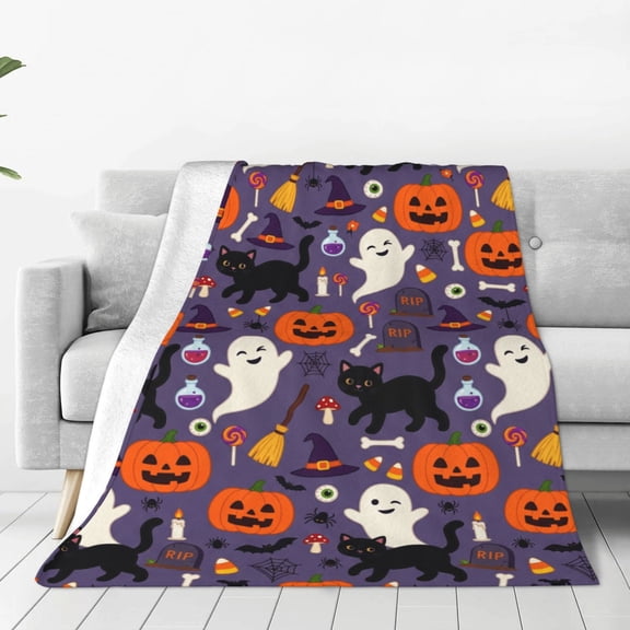 Halloween Throw Blanket, Spooky Pumpkins Black Cat Pattern, Fall Halloween Room Decor, Soft Cozy Flannel Blanket for Couch Bed Sofa 50x40