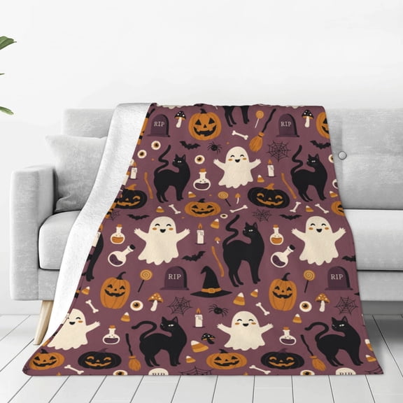 Halloween Throw Blanket, Spooky Pumpkins Black Cat Pattern, Fall Halloween Room Decor, Soft Cozy Flannel Blanket for Couch Bed Sofa 50x40