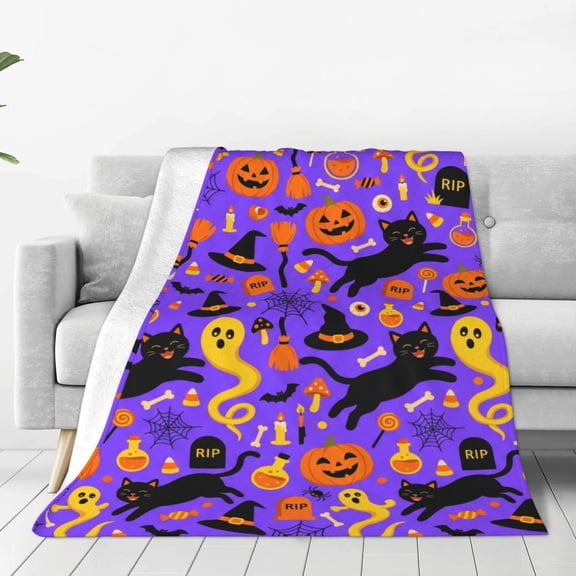 Halloween Throw Blanket, Spooky Pumpkins Black Cat Pattern, Fall Halloween Room Decor, Soft Cozy Flannel Blanket for Couch Bed Sofa 50x40