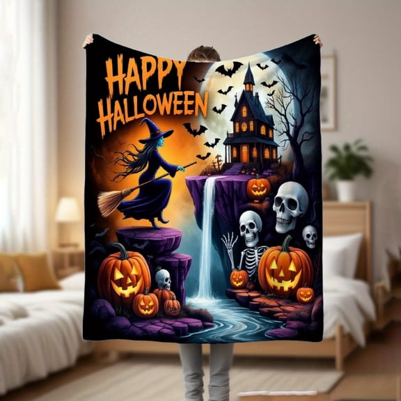 Halloween Throw Blanket - Spooky Witch, Bats, Haunted House - Ultra-Soft Flannel - Lightweight Warm Couch/Bedspread - Machine Washable - Large 60x80 Inch - Perfect Halloween Party Decor, Gift for Hom
