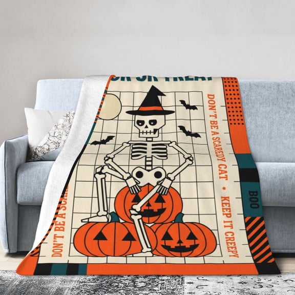 Halloween Throw Blanket, Vintage Ghost and Skeleton Design Blanket, Scary Halloween Decor for Living Room Bedroom, Cozy Warm Throw for Couch Sofa Winter Season 50x40