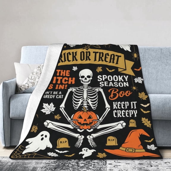 Halloween Throw Blanket, Vintage Ghost and Skeleton Design Blanket, Scary Halloween Decor for Living Room Bedroom, Cozy Warm Throw for Couch Sofa Winter Season 50x40