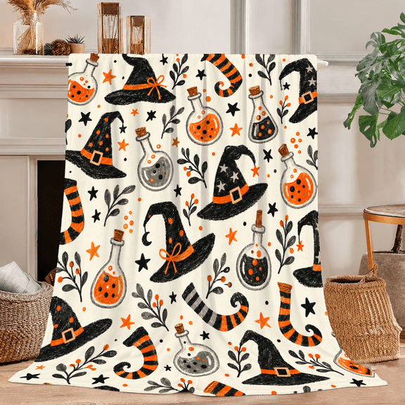 Halloween Throw Blanket Witch Hat Potion Print Soft Flannel Blanket 30x40in 40x50in 50x60in 60x80in